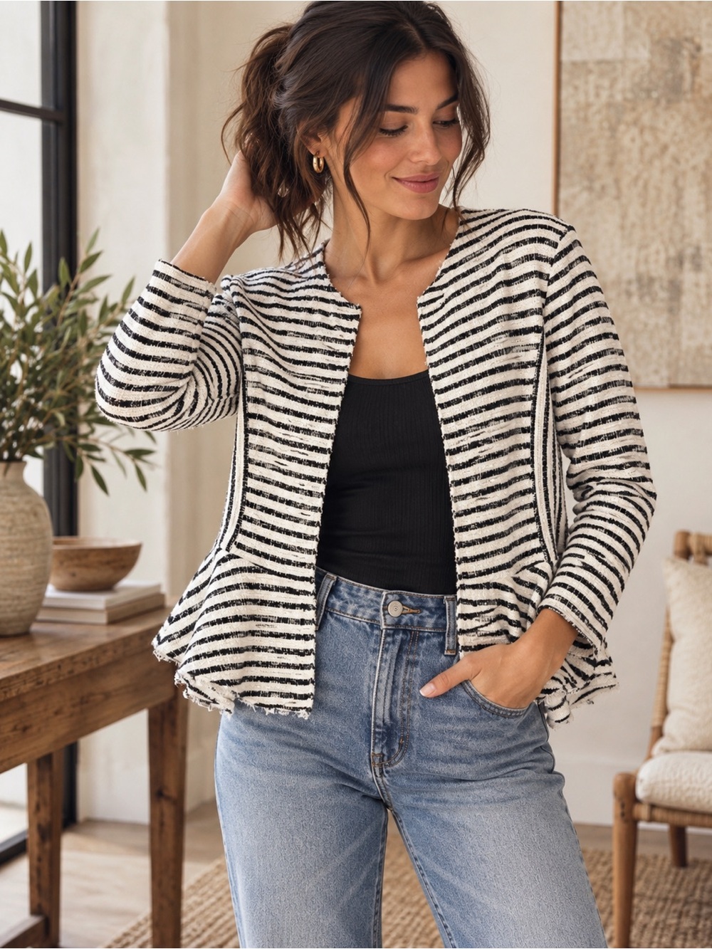 Dolan Striped Textured Knit Cardigan Jacket Blazer Black Cream L